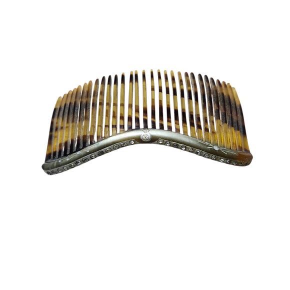 Vintage Brown Celluloid Tortoise Shell Rhinestone Large Hair Comb - Picture 2 of 8